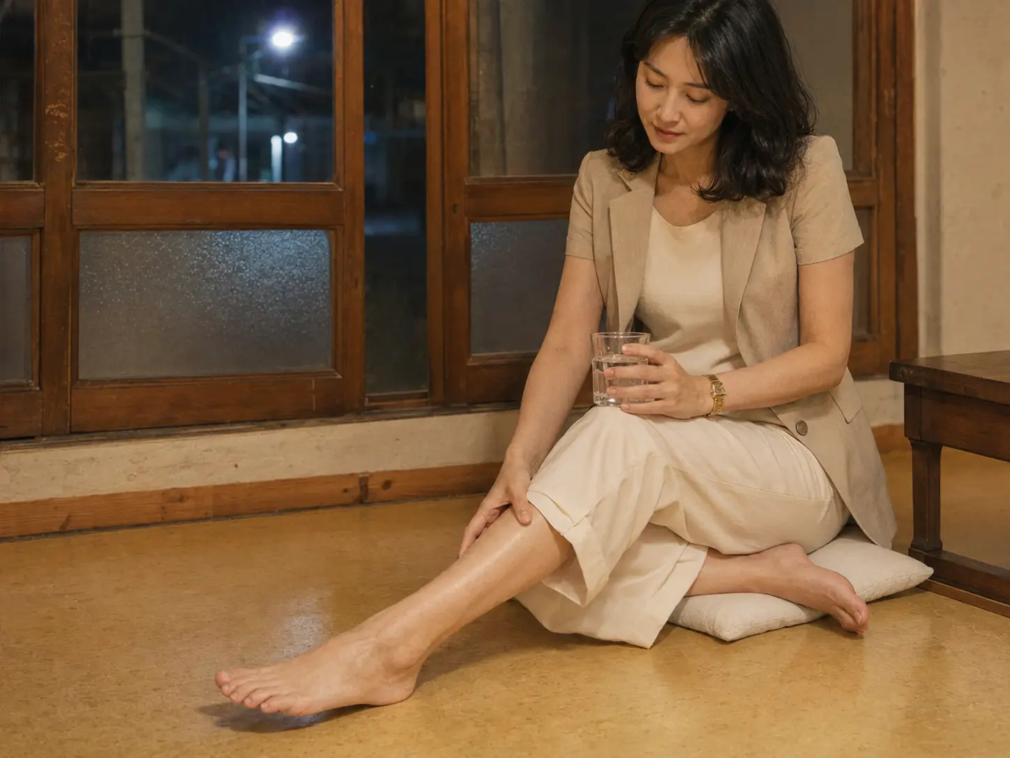 세종 조치원 전통시장 숙소에서 홈케어를 마친 뒤 물을 마시며 쉬는 로컬 에디터 윤서