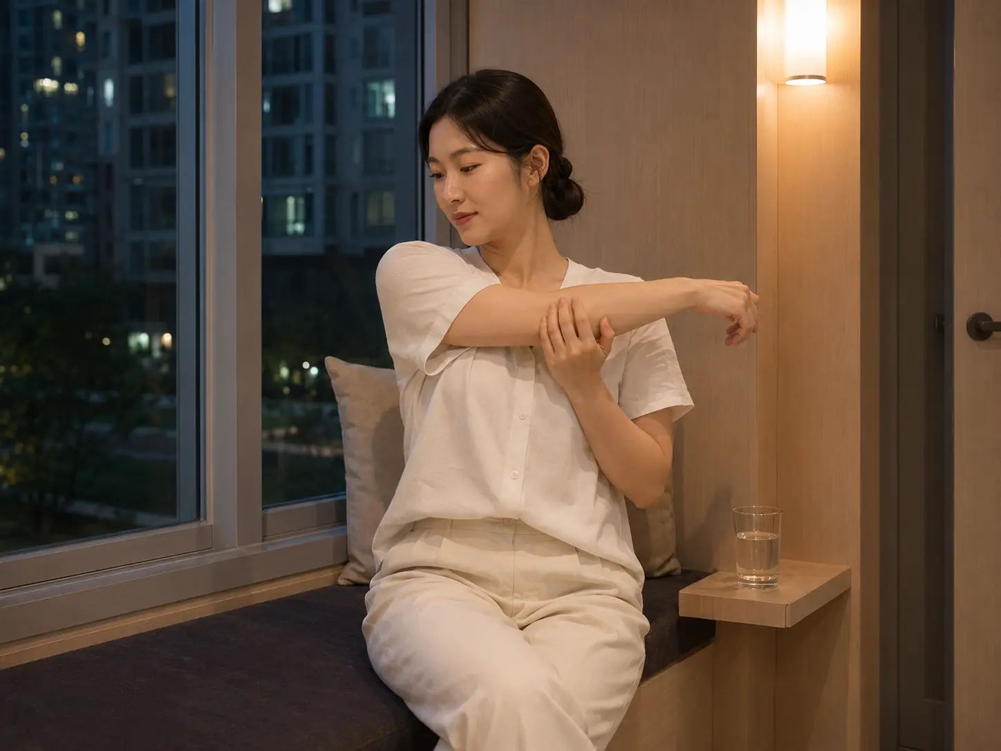 세종 새롬동 새롬동 숙소에서 홈케어를 마친 뒤 물을 마시며 쉬는 로컬 에디터 하람