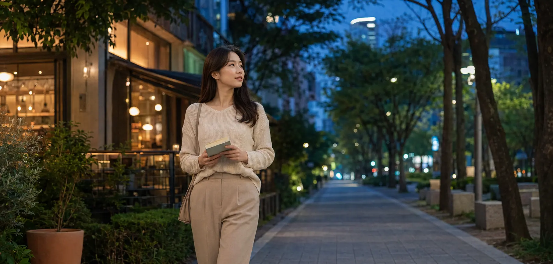 정자 카페거리 산책로에서 작은 책을 든 20대 성인 여성 로컬 에디터 서윤