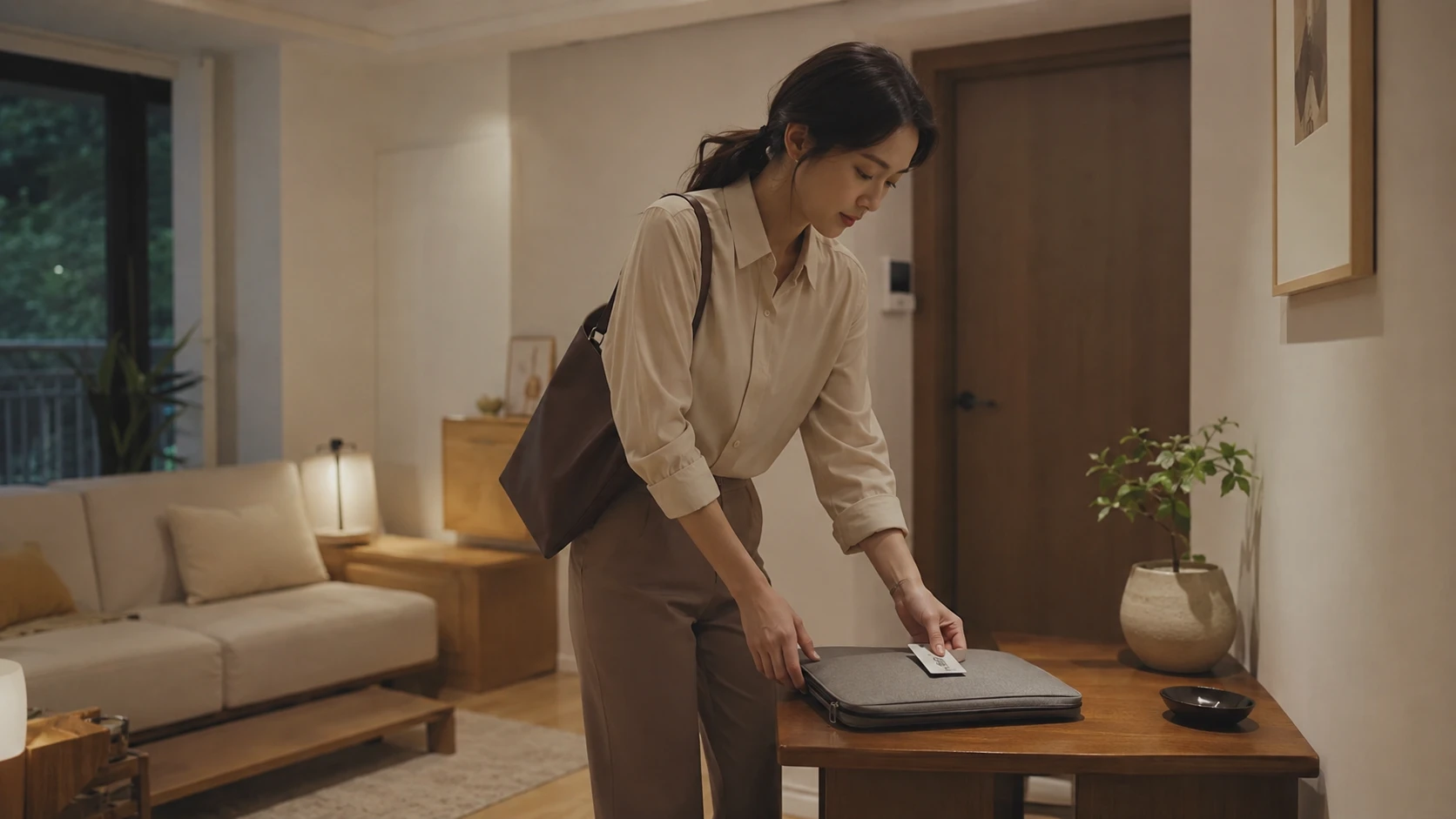 분당 자택에서 노트북과 출입카드를 정리하는 장면