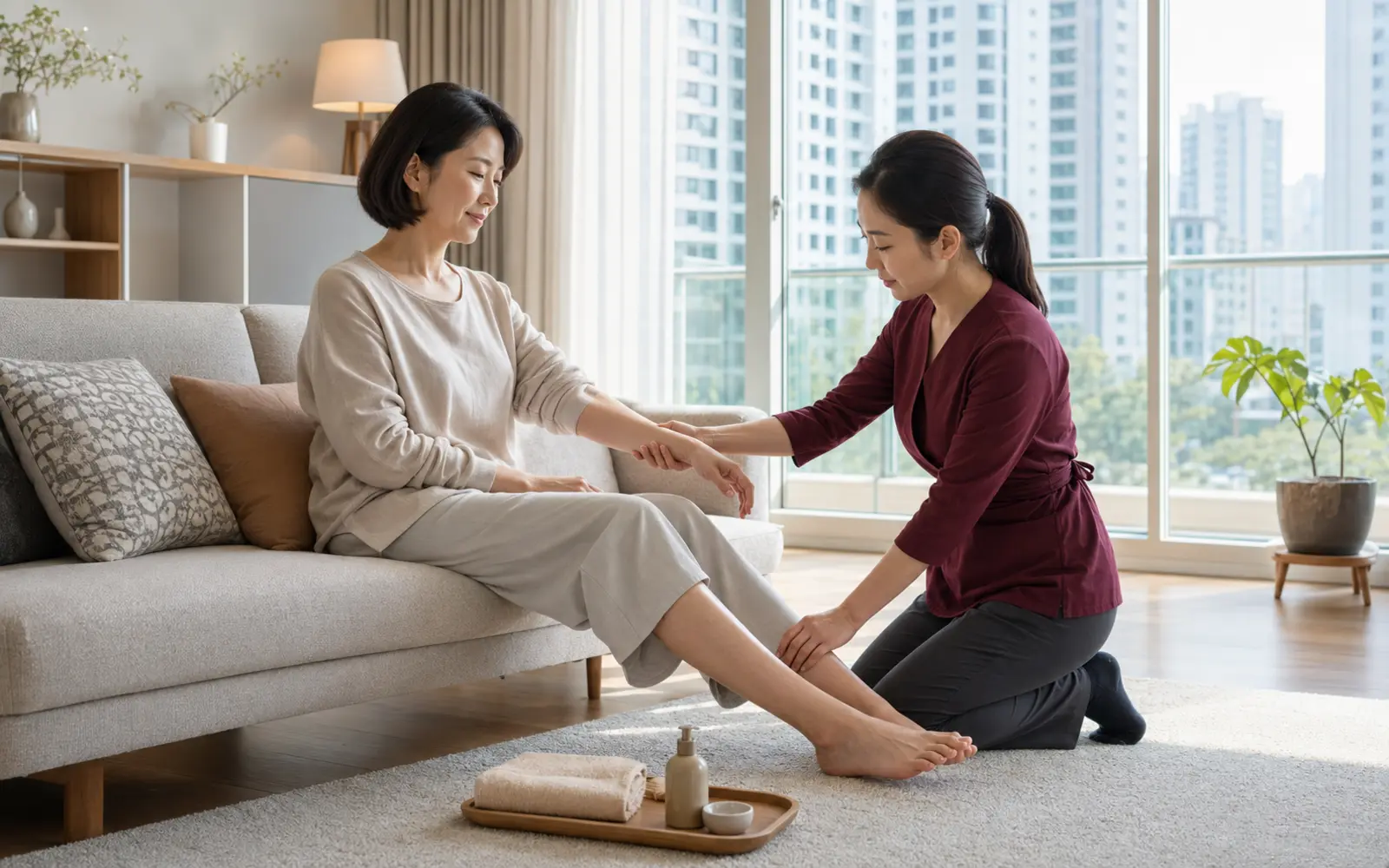 광교 자택에서 여성 관리사에게 팔과 종아리, 발목을 관리받는 로컬 에디터 다은