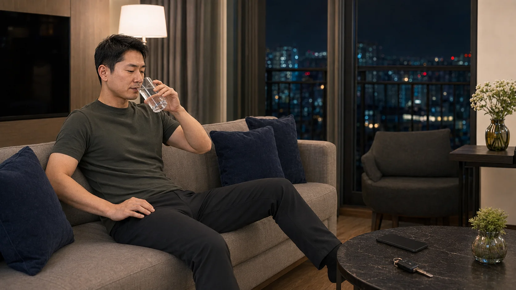 관리를 마친 로컬 에디터 도윤이 죽전동 레지던스 소파에서 물을 마시며 쉬는 장면